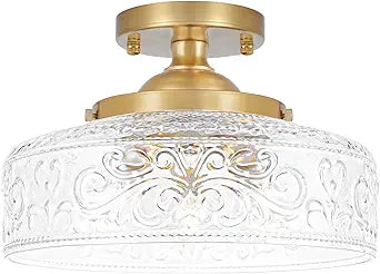 Gold Semi Flush Mount Ceiling Light, 3-Light Close to Ceiling Light with Globe Glass, Vintage Hallway Lights, Brass Closet Light Fixture, Kitchen Flush Ceiling Mount for Entryway Bedroom Bathroom,E12