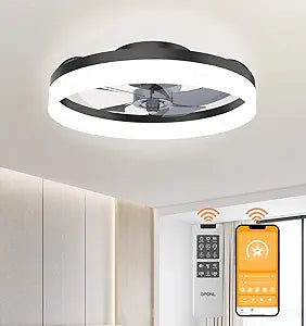 OPONL 19.7" Black Modern Ceiling Fan with Light and Remote, Dimmable, 3000k-6000k 6CCT, 6 Winds Speeds, Flush Mount, Low Profile, Bladeless Ceiling Fan for Bedroom