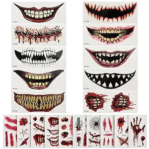 20 Sheets Realistic Waterproof Scary Big Mouth Face Sticker Tattoos - Make Up Stickers for Halloween Cosplay Decor