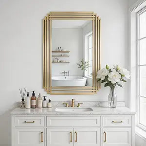Gold Art Deco Wall Mirror, 36"x24" Geometric Metal Frame Decorative Mirror, Modern Rectangle Accent Mirrors for Bathroom, Bedroom, Living Room, Entryway, Vanity, Horizontal/Vertical Hanging