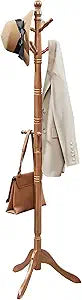 VASAGLE Solid Wood Coat Rack and Stand, Free Standing Hall Coat Tree with 10 Hooks for Hats, Bags, Purses, for Entryway, Hallway, Rubberwood, Caramel Brown URCR03WN