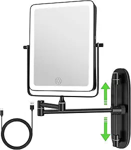 Wall Mounted Lighted Makeup Mirror, Rectangle Double Sided 1X/10X Magnifying Bathroom Height Adjustable Mirror, 6000mAh Rechargeable 3 Color and Dimmable Lights, 360 Rotation Shaving Vanity Mirror