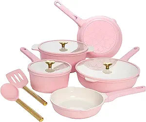 Paris Hilton Ceramic Nonstick Pots and Pans, Cookware Set, Cast Aluminum With Dual Layer Non Stick Coating, Made Without PFAS PFOA PFOS And PTFE, Dishwasher Safe, 10-Piece, Pink