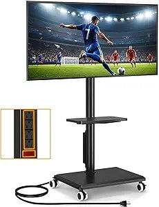 5Rcom Rolling TV Stand with Power Outlet for 32-60 inch TVs, Swivel and Height Adjustable Mobile TV Stand with Shelf, Strong TV Cart on Wheels up to 88 lbs for Living Room, Bedroom and Office (Black)