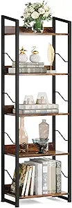 Hosfais 5 Tier Tall Bookshelf: Industrial Wood Book Shelf with Edge Protection Metal Narrow Bookshelf Bookcase Storage Organizer Display Rack for Living Room Home Office (Rustic Brown)