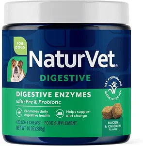 NaturVet  Digestive Enzymes - Plus Probiotics & Prebiotics  Helps Support Diet Change & A Healthy Digestive Tract  for Dogs & Cats (Soft Chews, 120 Count)