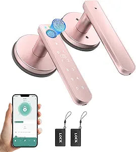 Fingerprint Door Lock, 6-in-1 Smart Door Knob with App Control/Fingerprints/IC Cards/Passwords/2 Keys, Fingerprint Door Knob Smart Door Lock for Bedroom Apartment-Pink