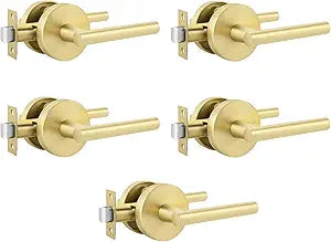 Goldenwarm Brushed Gold Lever Passage Door Handles, Zinc-Alloy Heavy Duty Gold Hall and Closet Door Handle, Lever Door Handles, Passage Door Hardware for Hallways and Closets (5 Pack