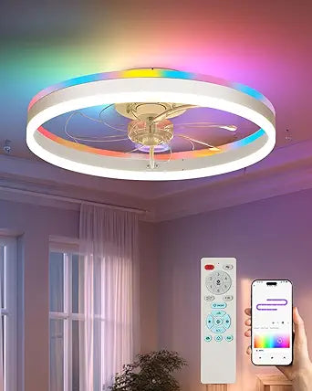 20" Bladeless RGB Ceiling Fan with Lights and Remote, Low Profile Ceiling Fan, Modern Fandelier with Reversible DC Motor, 3CCT, Timer for Bedroom, Living Room, Kitchen, White