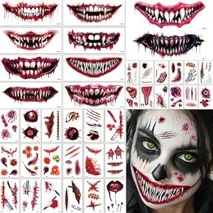 40 PCS Halloween Prank Makeup Temporary Tattoos, Clown Big Mouth Tattoos Stickers, Halloween Clown Fake Face Scars Tattoos for Cosplay Party Women & Men