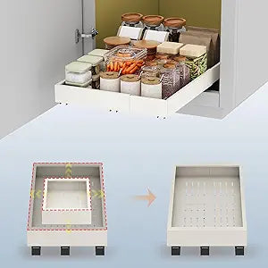 Pull out Cabinet Organizer,Expandable Width(11"-16"),Depth(17"-24") with 3 Rails,Roll out Drawers,No Drill Adjustable Slide out Shelves for Kitchen,Pantry,for Both Lip and Lip-Free Cabinets,White(1PC)