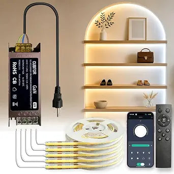 Diffused CCT COB LED Light Strip,5Rolls*3.28FT,2700K-6500K Dimmable,Smart Transformer Support Remote/App/Alexa Voice Control,for Display Case,Book Shelves,Kitchen Under Cabinet DIY Lighting