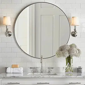 ANDY STAR Round Bathroom Mirror, 24 Brushed Silver Round Bathroom Mirrors in Stainless Steel Metal Frame 1" Deep Set Design