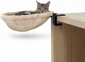 Standard Desk Hammock for Cats | Adjustable Clamp On Cat Bed | Soft Faux Fur Elevated Cat Perch with Steel Frame | Space Saving Under Desk Lounge | Supports Cats Up to 50 lbs
