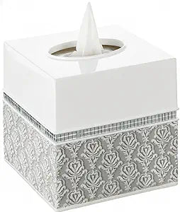 Creative Scents Mirror Damask Square Tissue Box Cover - Decorative Bathroom Tissues Paper Holder, Modern Napkins Container, Bottom Slider, for Cute Elegant Bathroom Decor (White & Gray)