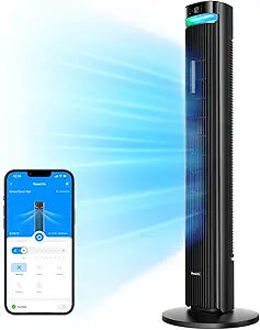 GoveeLife 42'' Tower Fan for Bedroom, Smart Floor Fans with 150┬░ Adjustable Oscillating, APP & Voice Control, 5 Modes 12 Speeds up to 26ft/s, 24H Timer, 27dB Quiet Fan for Cooling Home Office Black