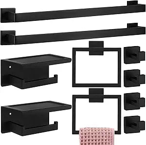 10 Pcs Bathroom Accessories Set, 24 Inch Bathroom Hardware Set, Stainless Steel Bath Towel Bar, Towel Racks, Robe Hook, Toilet Paper Holder with Phone Shelf Wall Mounted for Gifts (Matte Black)