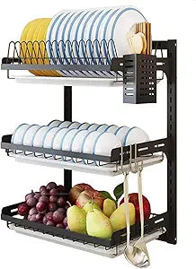 Wall Mounted Dish Drying Rack, 3 Tier Hanging Dish Rack Drainer, Wall Mount Kitchen Plate Organizer Storage Shelf with Drain Tray and 3 Hook, Stainless Steel, Black, Large, Ajustable Height (21.8")