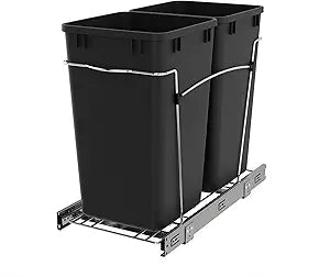 Rev-A-Shelf Double 27 Qt Pullout Trash Can for Base Kitchen Cabinets, Garbage Waste Bin System with Full Extension Slides, Min Opening Width of 11.5", Black, RV-15KD-18C S