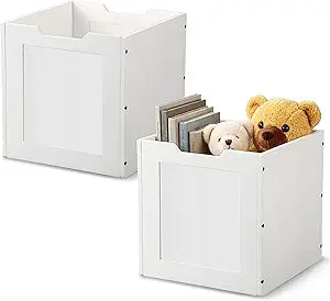 2 Pack Wooden Storage Baskets for Shelves 11 x 11 x 11 Inch White Wood Crate Decorative Cubes Storage Bins Organizer Box for Home Office Decor Crafts Books Clothes Toys Organization