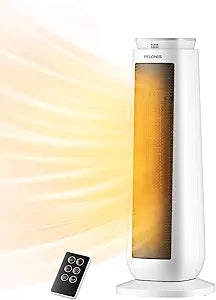 PELONIS 23Γ Oscillating Ceramic Tower Space Heater with Remote & Thermostat, Electric Energy Efficient Floor Heater for Indoor Use Large Room Safe with Timer, ECO Mode, 1500W, White