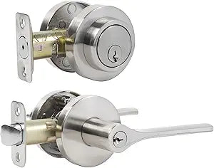 Exterior Door Handle with Deadbolt Lock, Keyed Entry Lever and Single Cylinder Deadbolt Combo Pack, Doorknob with Lock and Key, Round Entry Door Locksets, Satin Nickel (All Keyed Alike) 1Pack