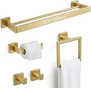 5-Piece Bathroom Hardware Set, 23.6" Double Towel Bar & Wall Mounted Bathroom Accessories Set, SUS304 Stainless Steel Solid Metal Construction, Modern Square Design, Brushed Gold