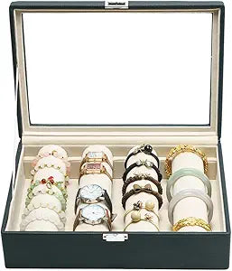 Bracelets Organizer Rods Bangles Display Holder, Clear See through Lid Leather Velvet Jewelry Storage Box Case for Women, 4 Rods Black Leather