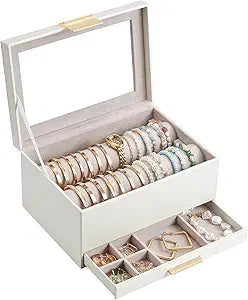Lolalet Bracelet Holder Organizer with Clear Lid and Drawer, Bangle Storage Box Jewelry Display Holder for Watches, Jewellery Case for Women -White