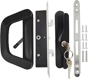 Sliding Patio Door Handle with Mortise Lock and Keys, Key Cylinder and Keeper, 4-15/16" Hole Spacing, Reversible Design(Non-Handed), 4 15/16 Glass Door Replacement Handle Lock, Need to Drill (Black)