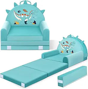 Dinosaur Kids Sofa Bed with Removable Washable Cover & Magic-Tape Backrest  Foldable Toddler Chair, Cozy Crystal Velvet Furniture for Playtime, Naps & Travel (Soft Ggreen, Dino Design)