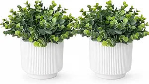 Set of 2 Small Artificial Eucalyptus Plants in Ceramic Pots - 9.5" Realistic Faux Greenery Potted Plants for Indoor Home Decor, Shelf, Office Desk, Bathroom & Table