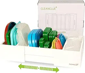 CLEANCLUE Expandable Kitchen Cabinet Organizer for Food Storage Container Lids, Bamboo Drawer Caddy Adjustable Dividers, Box for Kitchen Storage and Organization, Lids Organizer for Cabinet (White)