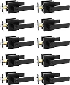 Tinewa 10 Pack Square Privacy Door Levers Locksets in Matte Black Finish, Bed/Bath Door Levers Keyless Interior Handles,Reversible for Left Right Handed Doors