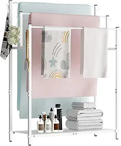 Mondazie 44 Tall Free Standing Towel Racks with 6 Hooks for Bathroom, 3 Tiers Oversized Pool Bath Towels Drying Stand, Metal Blanket Ladder Holder with Storage Shelf for Bedroom Living Room, White