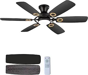 Ceiling Fans with Lights, Black Low Profile Flush Mount with Remote Control, 48 inch, 6-Speed Quiet Reversible DC MotorDimmable LED for Bedroom, Living Room, Indoor & Outdoor Use with Walnut Blades