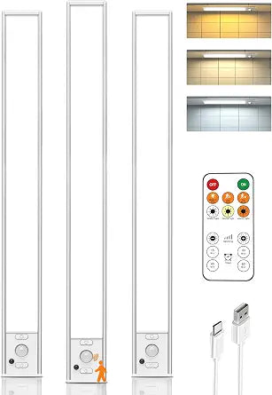 Rechargeable Under Cabinet Lighting with Remote 3 Pack Motion Sensor Light