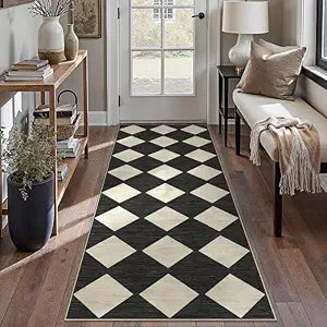 PureCozy Checkered 3x8 Runner Rug for Hallways Black and White Washable Long Carpet Non-Slip Low Pile Modern Soft Indoor Accent Throw Rugs for Entrance Kitchen Bedroom Dining Laundry