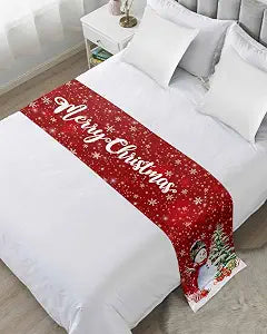 DecorLovee Snowman Red Christmas Bed Runners for Queen Size Bed, Xmas Tree Balls Decorative Bed Throws for Foot of Bed, Snowflake Bed Runner Sofa Throw Bedding Scarf Protector Slipcover for Bedroom