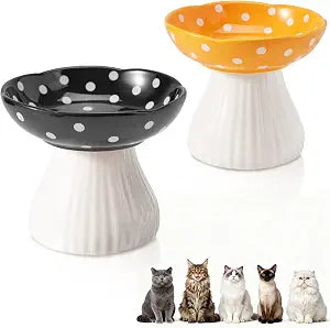 Mushroom Cat Bowl,Whisker Fatigue Cat Bowl,Cute Cat Bowls,Elevated Cat Food Bowl, Lead & Cadmium Free Ceramic Cat Bowls for Food and Water. (Black+Yellow)