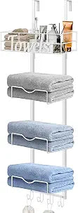 Over The Door Towel Racks, No Drill Towel Storage with Basket & Hooks, Space-Saving Multi-Functional Towel Holder for Bathrooms, bedrooms, Apartments, RVs (White, 5 Tier)