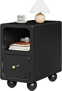 Solid Wood Nightstand, Narrow Night Stand with Drawers, Black Mid Century Modern Nightstand, Small Bedside Table with Open Storage Shelf for Bedroom (10 Inch)
