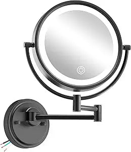 10" Large Magnifying Mirror Wall Mounted with Light Hard Wired, 1X/5X Double-Sided LED 3 Colors, Touch Dimmable, Extended Arm 360 Rotation Shaving Light up Mirror for Bathroom, Matt Black