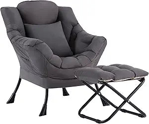 Lazy Chair with Ottoman, Modern Accent Leisure Sofa Chair with Footrest Stool & Throw Pillow, Modern Lounge Chair with Armrests for Living Room, Dark Grey