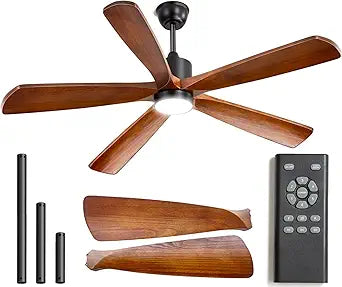 70 Inch Ceiling Fan with Light - 5 Walnut Wood Blades, UL Damp Rated for Indoor & Outdoor, 3 Color LED (3000K-6500K), DC Motor, 6-Speed Reversible Remote, Farmhouse Bedroom