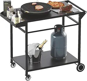 Koutemie Outdoor Grill Cart Table with 4 Wheels for Blackstone 17" or 22", Movable BBQ Food Prep Table Top, Double-Shelf Metal Pizza Oven Worktable with Spice Tray for Patio, Backyard, Black