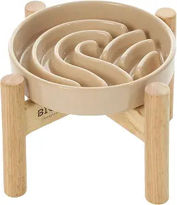 Ceramic Maze Dog Slow Feeder with Non-Slip Silicone Rim (& Bamboo Stand)  Heavy-Duty Stoneware Bowl with Puzzle Pattern for Bloating & Obesity Prevention (Raised-Apricot-M)