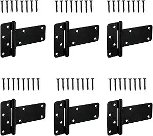 6 Heavy Duty Gate Hinges,280 Lbs Capacity Black Door Hinges6 Pack T Gate Hinges, Wrought Hardware for Wooden Fences, Barn Door, Screws Included (6 inches - 6 Pack) -Patent Pending