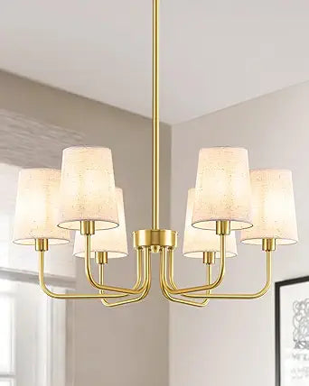 Yunnix 6-Light Gold Chandelier for Dining Room, Modern Chandelier Light Fixture with White Linen Shades, UL Listed 25" Farmhouse Brass Chandeliers for Living Room Kitchen Bedroom Entryway Foyer