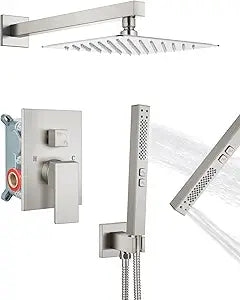 Shower Faucet Set Rainfall Shower System with Square Showerhead and Handle Set Fixture with 2 in 1 Function Handheld Sprayer Wall Mounted Trim Repair Kit Rough-in Valve 8 Inch Brushed Nickel